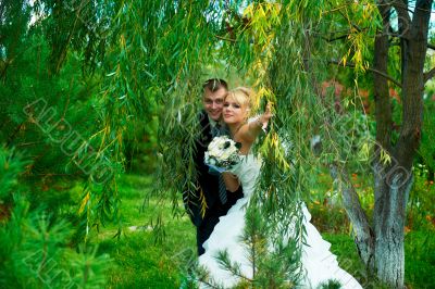 Bride and groom at the park