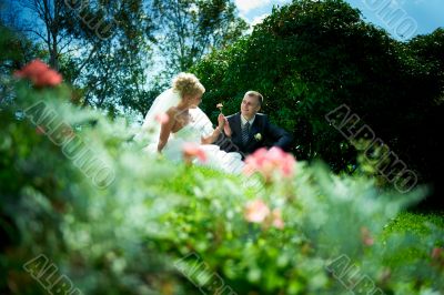 Bride and groom at the park