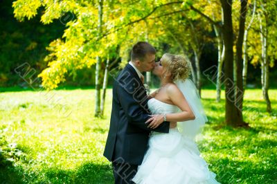 Bride and groom at the park