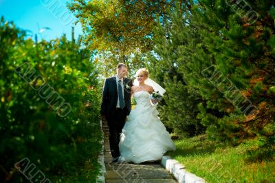 Bride and groom at the park