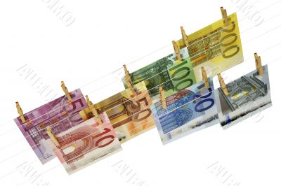 all kinds of Euro banknotes hanging on clotheshorse