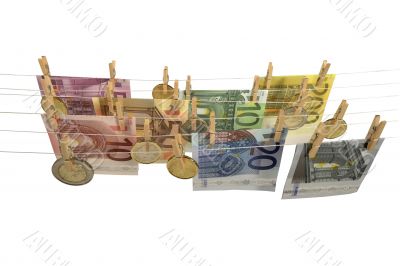 all kinds of Euro banknotes and coins hanging on clotheshorse