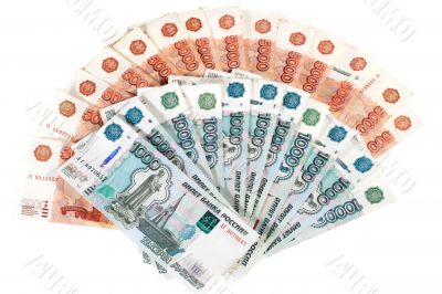 Many banknotes in red. Many Russian banknotes.