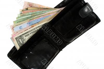 Many banknotes of different countries in the wallet.