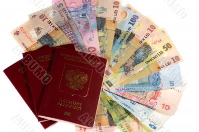 Many banknotes and passports. Many banknotes and passports.