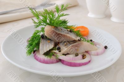 Slices of salted herring with onions and spices