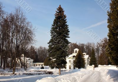 White old time estate in winter 