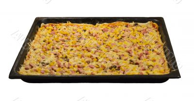 Large pizza on a baking sheet