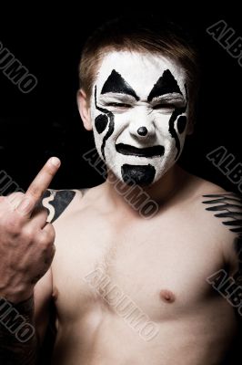 Portrait of the man in white gloves. fuck you Portrait of the man in white gloves. fuck you