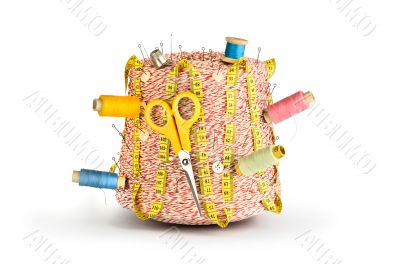 Large spool of thread, scissors, needle and thimble