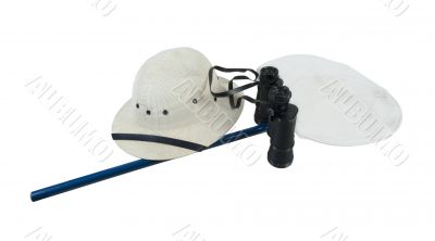 Binoculars Pith Helmet and Butterfly Net