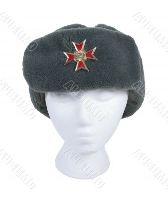 Wearing Fur Cap with Cross Emblem