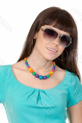portrait of sexy woman in sunglasses over white background