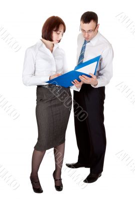 Business couple with a folder for documents in the studio