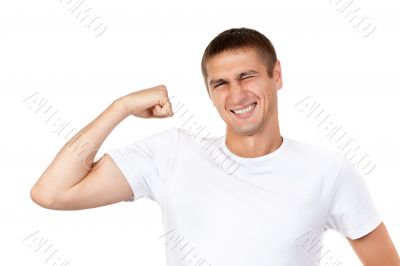 Lean muscle man shows his hand