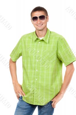 Portrait of a handsome fashion man in sunglasses in casual cloth