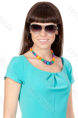 Young woman in sunglasses portrait. On white background.