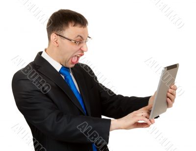 businessman with a Tablet PC hamming