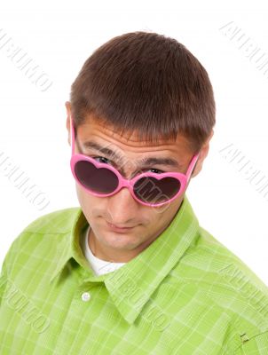 Portrait of a Man in pink sunglasses funny