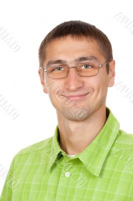 Young man with glasses smiling isolated on white background