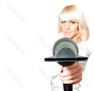 Blonde girl with hair dryer
