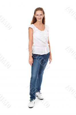 Full portrait of beautiful stylish girl in fashion stylish jeans