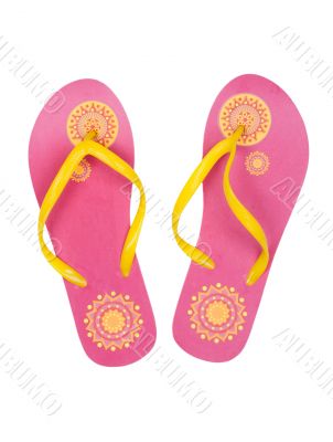Pink summer beach shoes with a yellow pattern