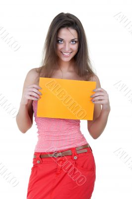 Beautiful woman holding empty orange board
