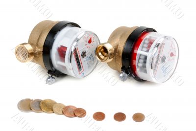 Water meters and coins with euro money