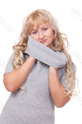 Pretty blond winter sweater woman
