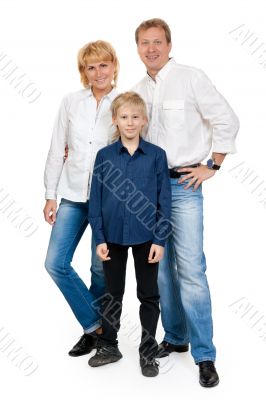 Happy family of three people in the studio