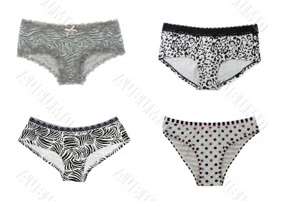 Collage of four simple gray women`s panties.
