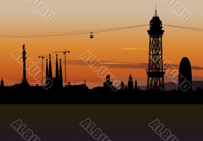 Barcelona skyline silhouette with sunset sky