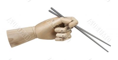 Wooden Hand Holding Metal Chopsticks