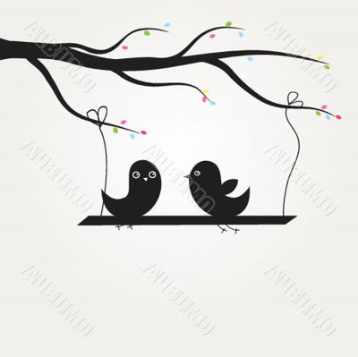 Cute greetings card with birds on a swing