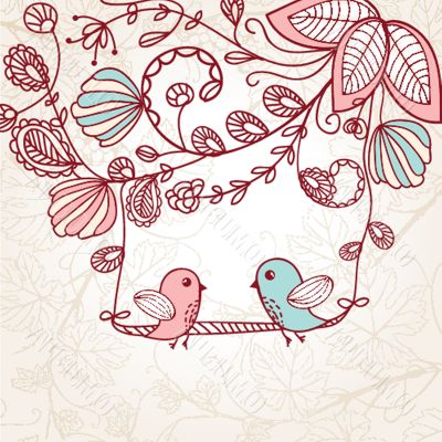 Cute greetings card with birds on a swing