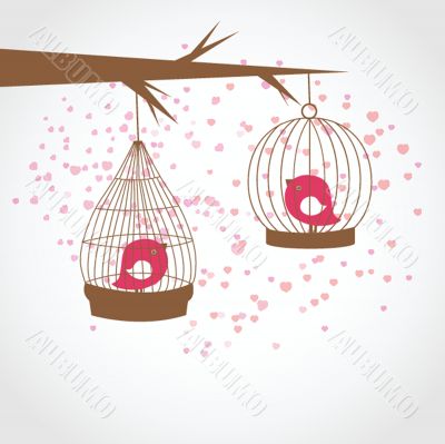 Vintage card with two cute birds in retro cages