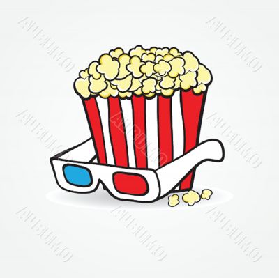 Popcorn and 3d glasses. Cinema concept background