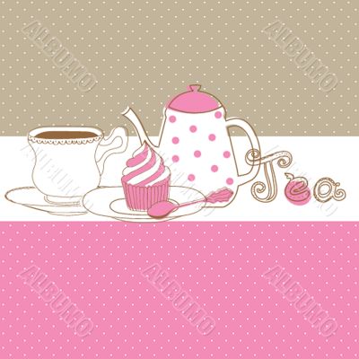 Card with tea cap, pot and sweet cupcake