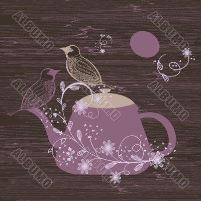 Birds couple on the teapot, hand drawn.
