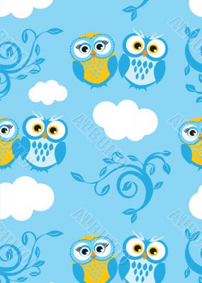 Two cute owls on the tree branch  decoration seamless