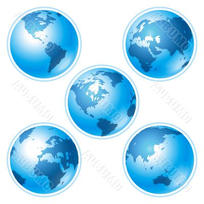Set of five globes on white background Set of five globes on white background