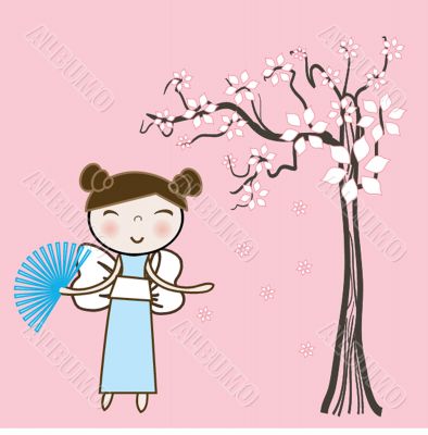 Geisha woman with an umbrella and butterfly