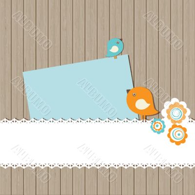 Cute greetings card with birds on a swing