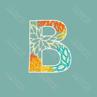Hand drawn floral letter isolated on blue background. Vintage vector alphabet