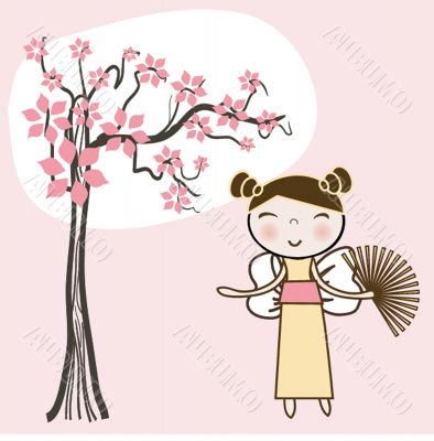 Geisha woman with an umbrella and butterfly