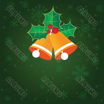 Christmas background with holly berry leaves on dark green background