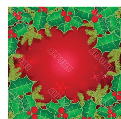 Christmas background with holly berry leaves on dark green background