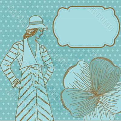 Vintage card with cute hand drawn girl.