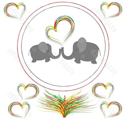 Lovers elephants with hearts in the round frame
